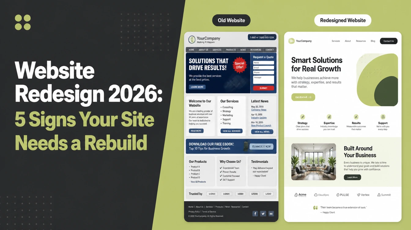 Website Redesign 2026, beside a cluttered old website and its clean redesigned version.