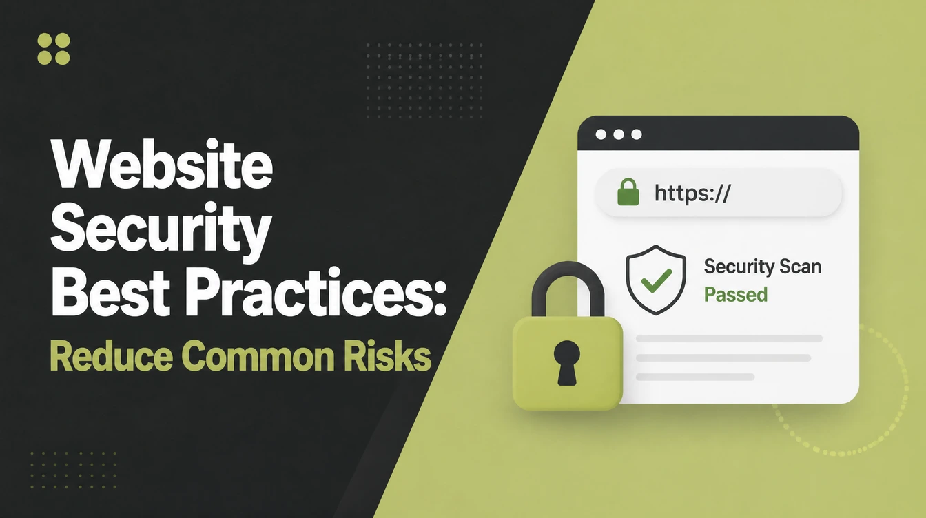 Website Security Best Practices, beside an HTTPS padlock and a security scan showing a pass.