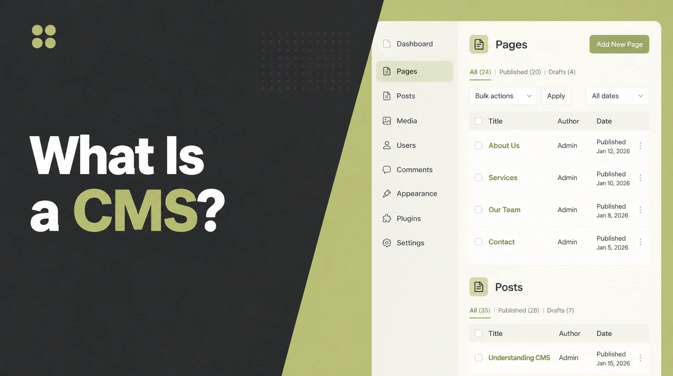 A CMS dashboard with pages and posts listed.
