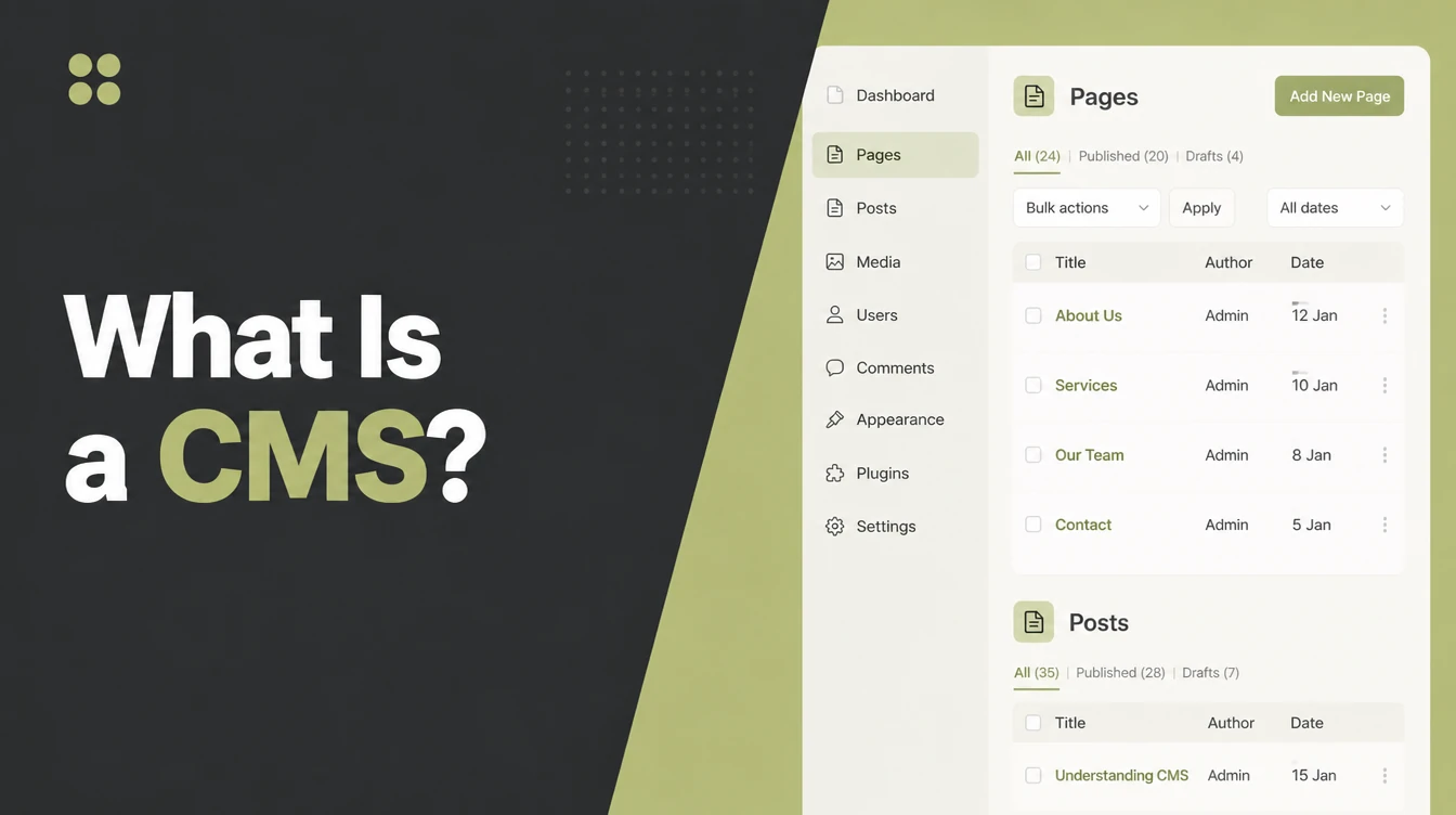 A CMS dashboard with pages and posts listed.