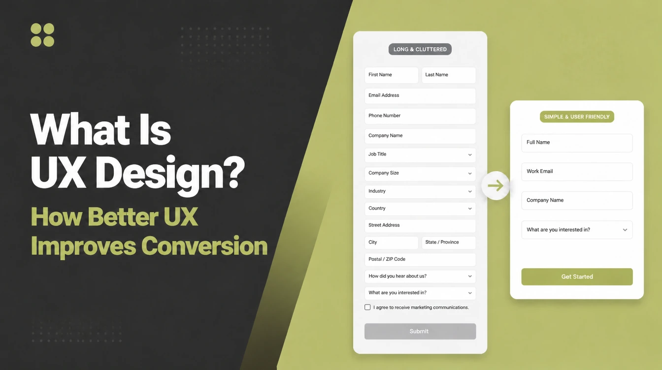 What Is UX Design, beside a long cluttered form set against a short simplified one.