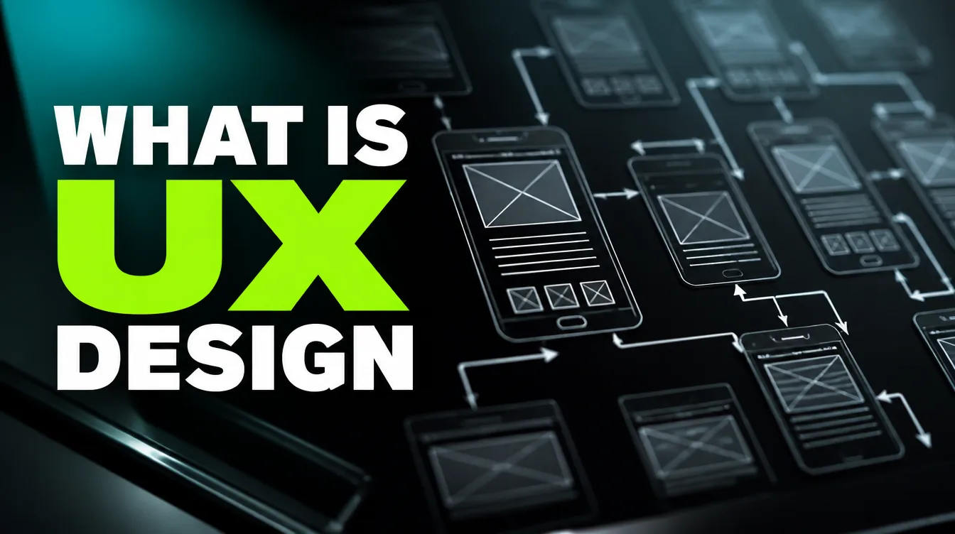 Wireframe screens connected by user-flow arrows on a dark design canvas, illustrating what UX design is.