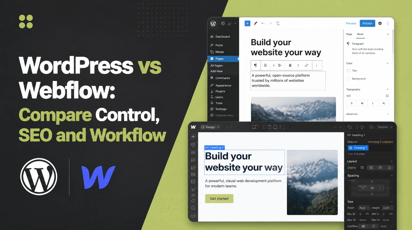 WordPress vs Webflow, beside the WordPress editor set against the Webflow designer with both logos.