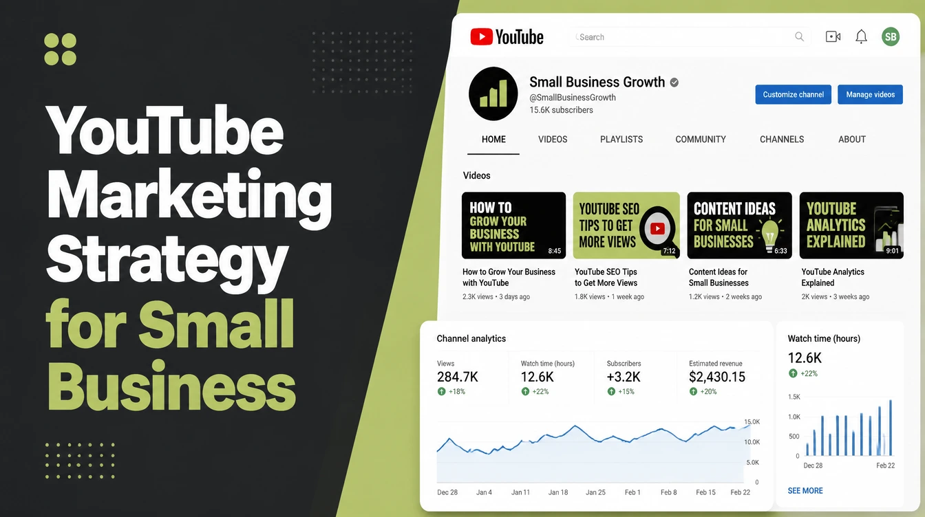 A YouTube channel page for a small business showing uploaded videos alongside views, watch time and subscriber analytics.