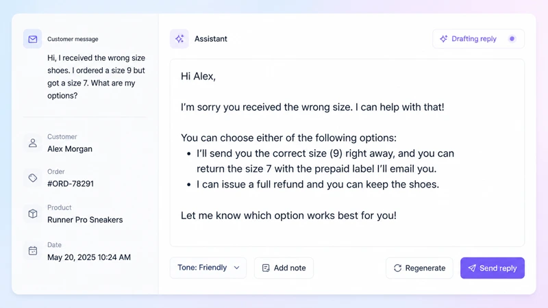 An assistant panel drafting replies beside a business inbox.