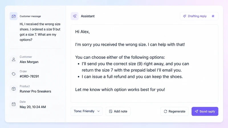 An assistant drafts a reply to a customer who received the wrong shoe size.