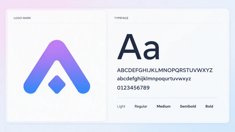 A brand guidelines spread shows a gradient logo mark beside its typeface and weights.