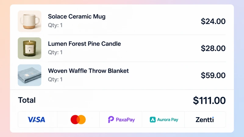 A checkout summary lists three homeware products, their prices, the total and five payment options.