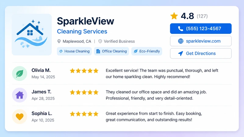 A local business profile beside a map listing ranked first.