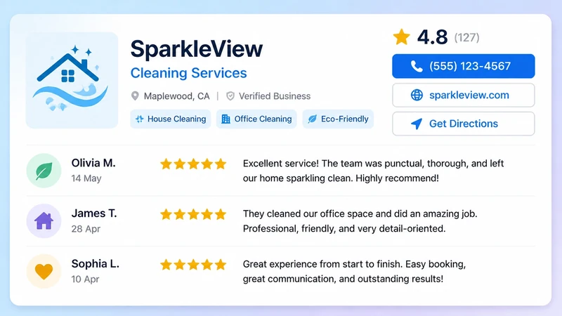 A verified cleaning business profile shows its rating, contact options and three customer reviews.