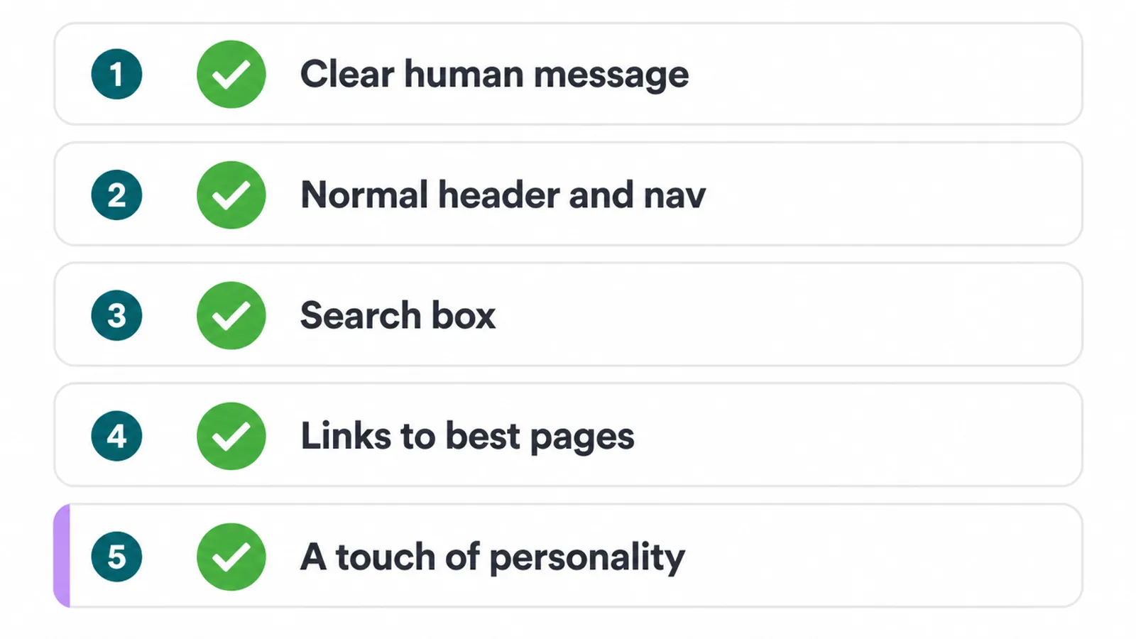 Checklist of the five ingredients every good 404 page needs, from a clear message to a touch of personality.