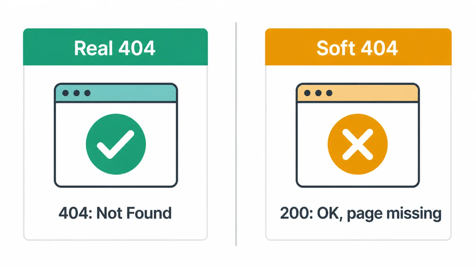 Comparison of a real 404 status code against a soft 404, which wrongly returns a 200 success code.