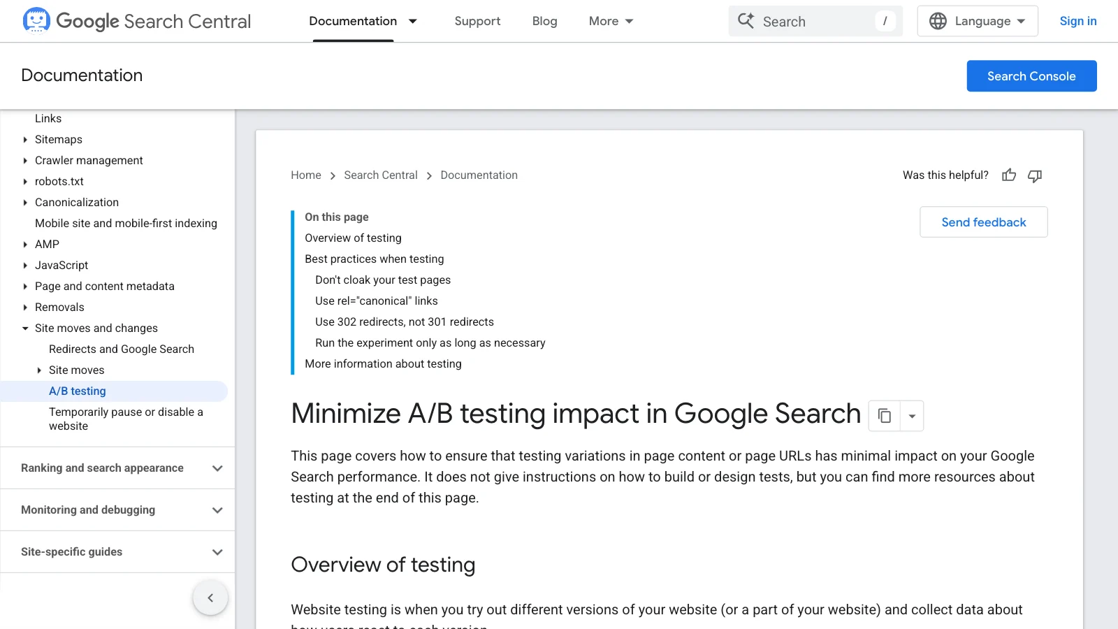 Screenshot of Google Search Central documentation headed Minimize A B testing impact in Google Search