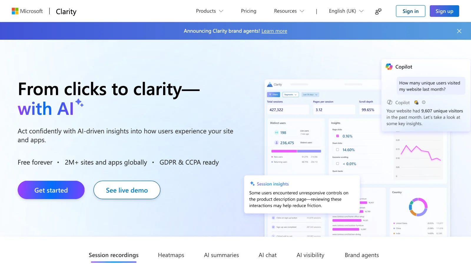 Screenshot of the Microsoft Clarity home page describing session recordings, heatmaps and AI summaries for understanding how people use a site