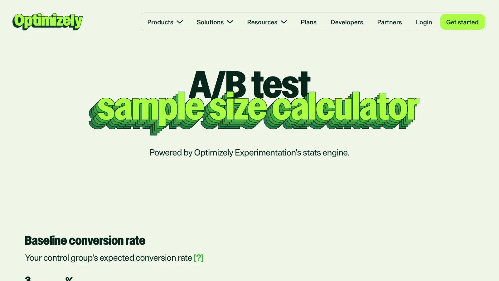 Screenshot of Optimizely's A B test sample size calculator asking for a baseline conversion rate