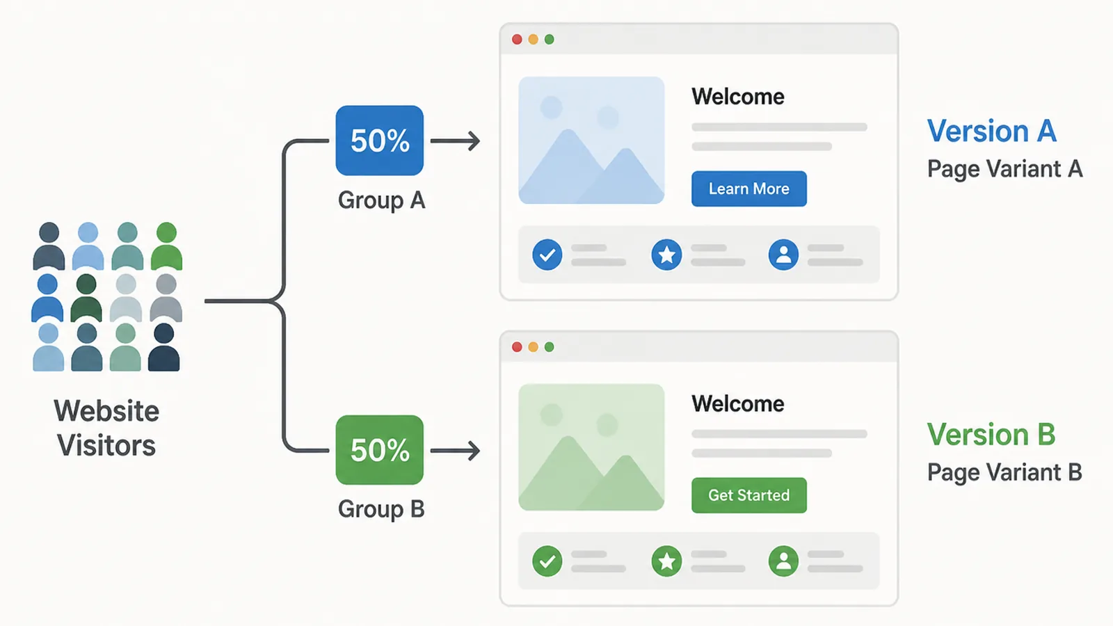 Diagram of website visitors splitting into two groups, each landing on a different version of the same page.