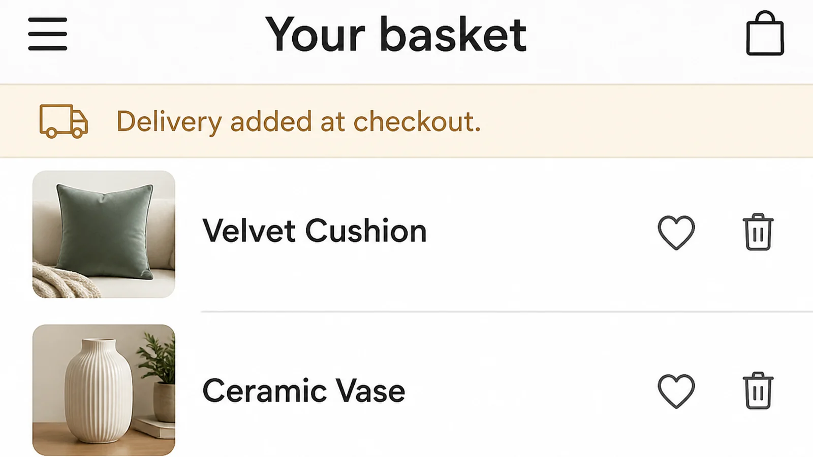 An online shop basket on a phone showing two products with a highlighted line underneath reading Delivery added at checkout