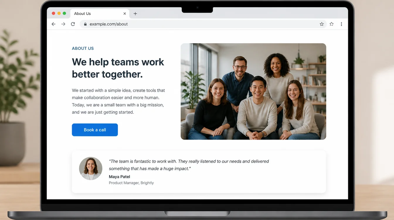 A clean, modern about us page example in a browser, with a headline, team photo, customer quote and a clear call-to-action button.