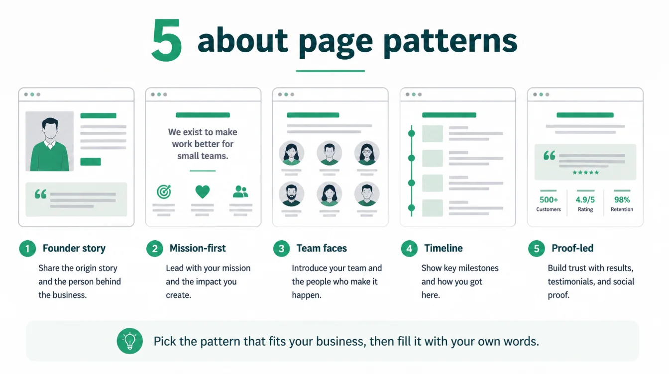 Five about us page patterns shown as layout thumbnails: founder story, mission-first, team faces, timeline, and proof-led.