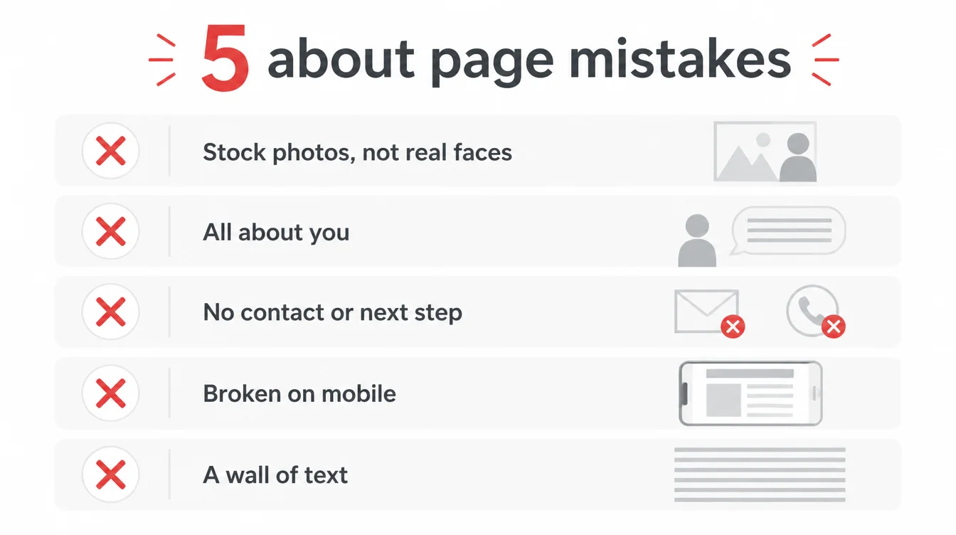 Five common about us page mistakes to avoid: stock photos instead of real faces, all about you, no contact or next step, broken on mobile, and a wall of text.