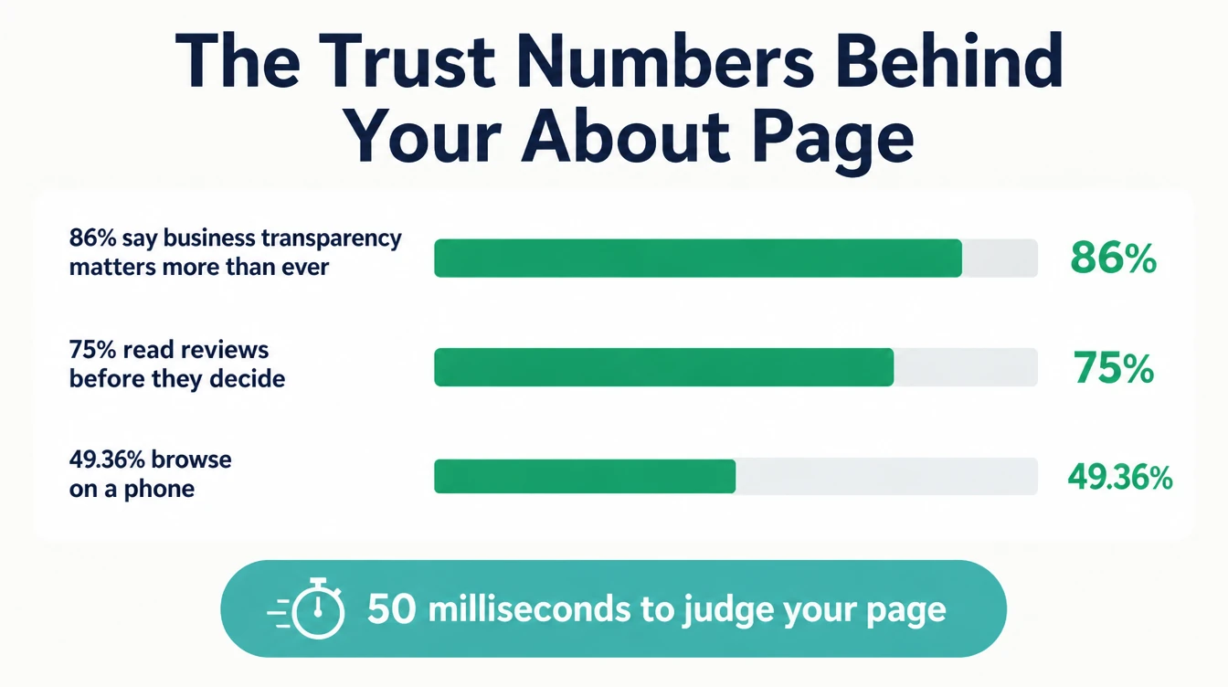 Bar chart of about page facts: 86% say business transparency matters and 49.36% browse on a phone.