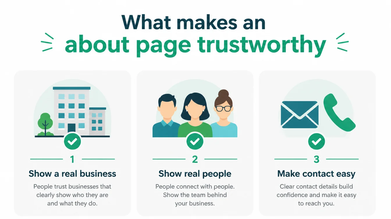 Infographic of the three web credibility signals a great about us page shows: a real business, real people, and easy contact.