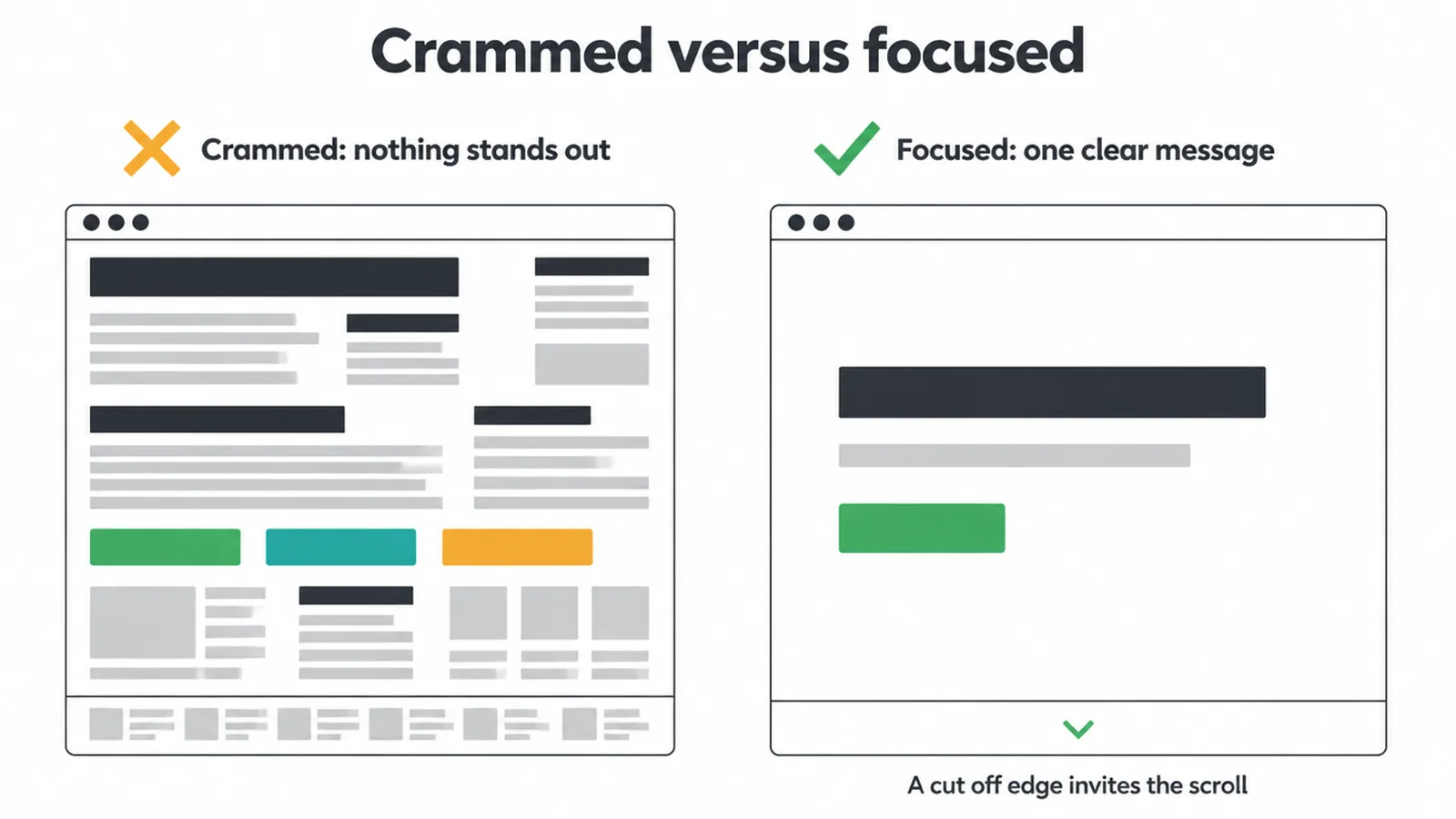 Side by side wireframes: a crowded hero with many blocks next to a calm hero with one headline and one button.