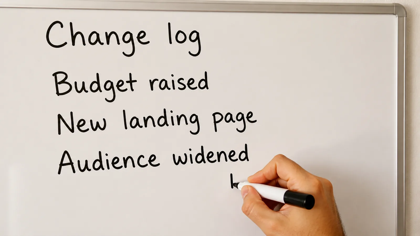 A simple dated change log sheet with columns for what changed, where and by whom