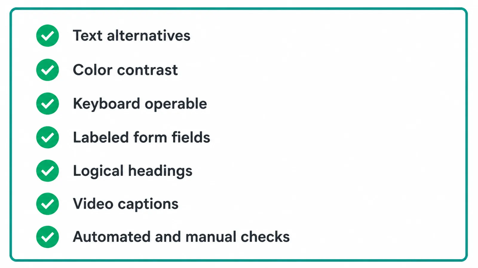Checklist of seven website accessibility fixes shown as a UI mockup