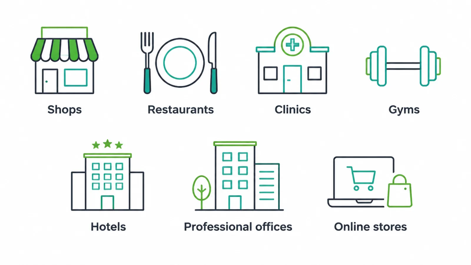 Icons of shops, restaurants, clinics, gyms, hotels, offices, and online stores