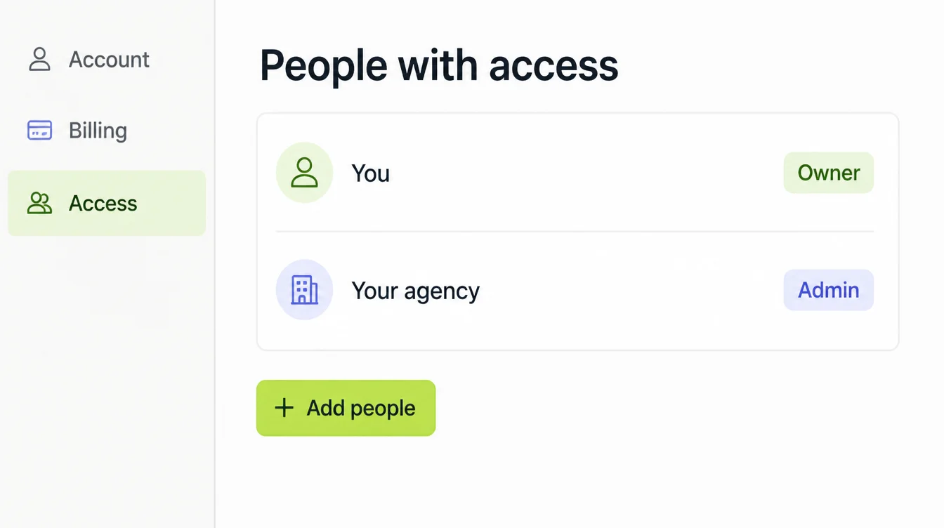 An advertising account permissions screen headed People with access, listing you as Owner and your agency as Admin