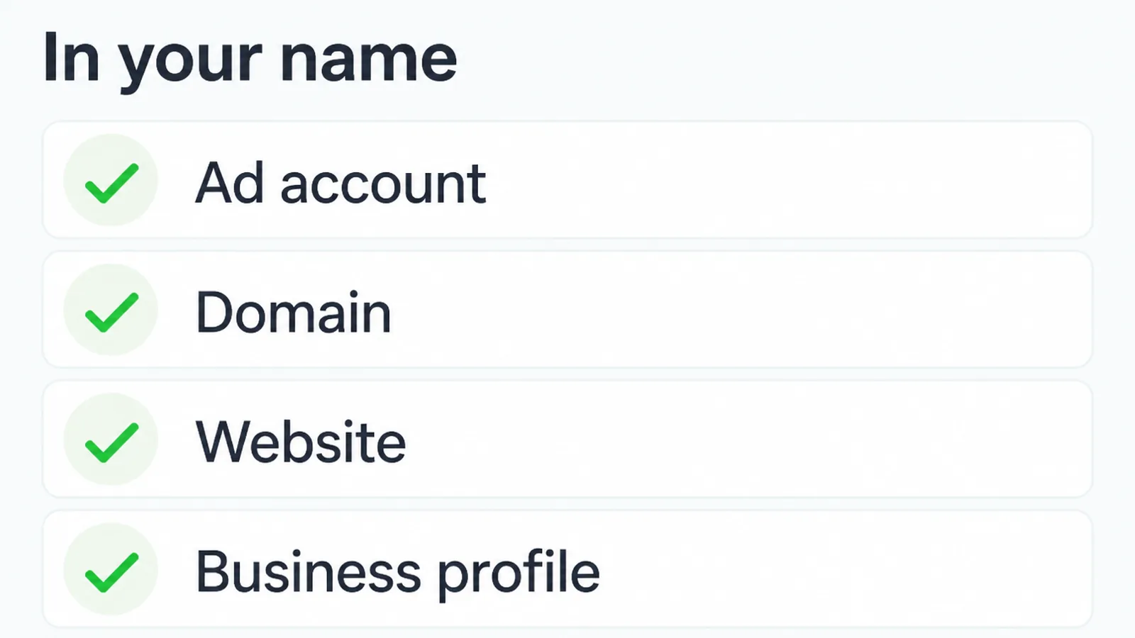 Close-up of an account access screen headed In your name with ticked rows reading Ad account, Domain, Website and Business profile