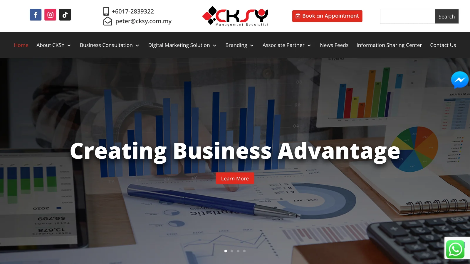 Screenshot of the CKSY Management Specialist home page with a menu reading business consultation, digital marketing solution, branding and associate partner