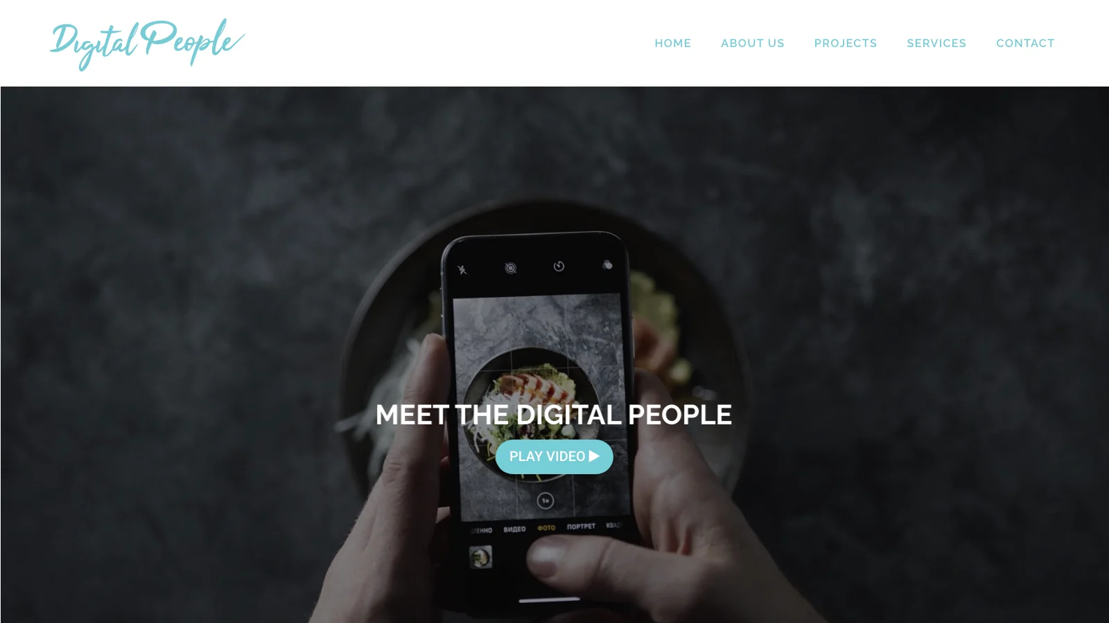 Screenshot of the Digital People home page headed Meet The Digital People with navigation reading home, about us, projects, services and contact