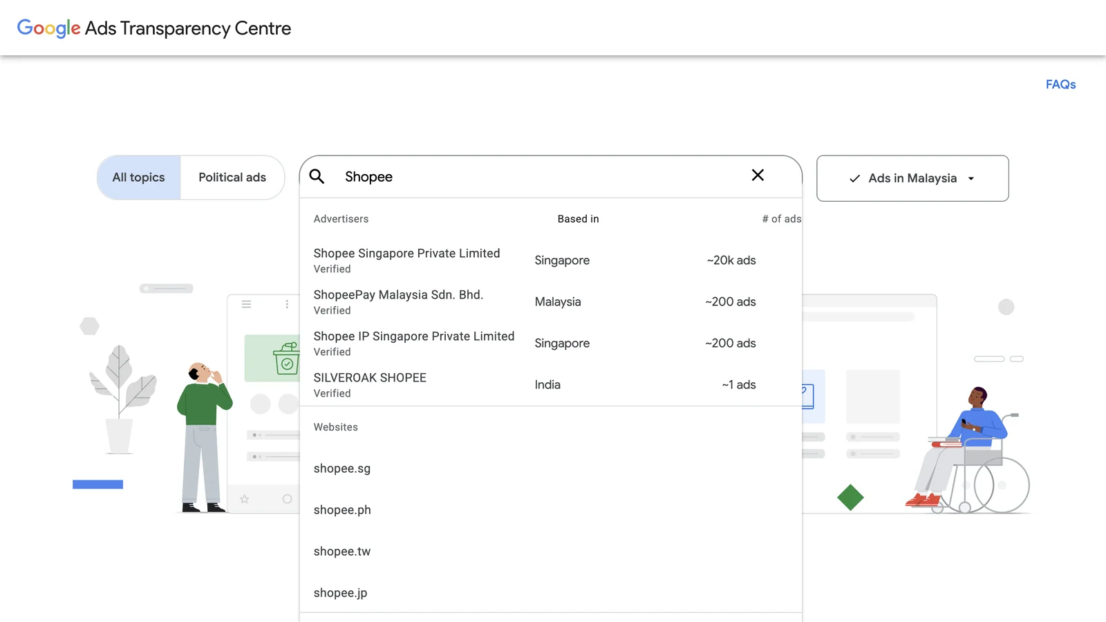 Screenshot of an advertiser lookup in the Google Ads Transparency Centre, each result row showing the advertiser name, a verified label and the country it is based in