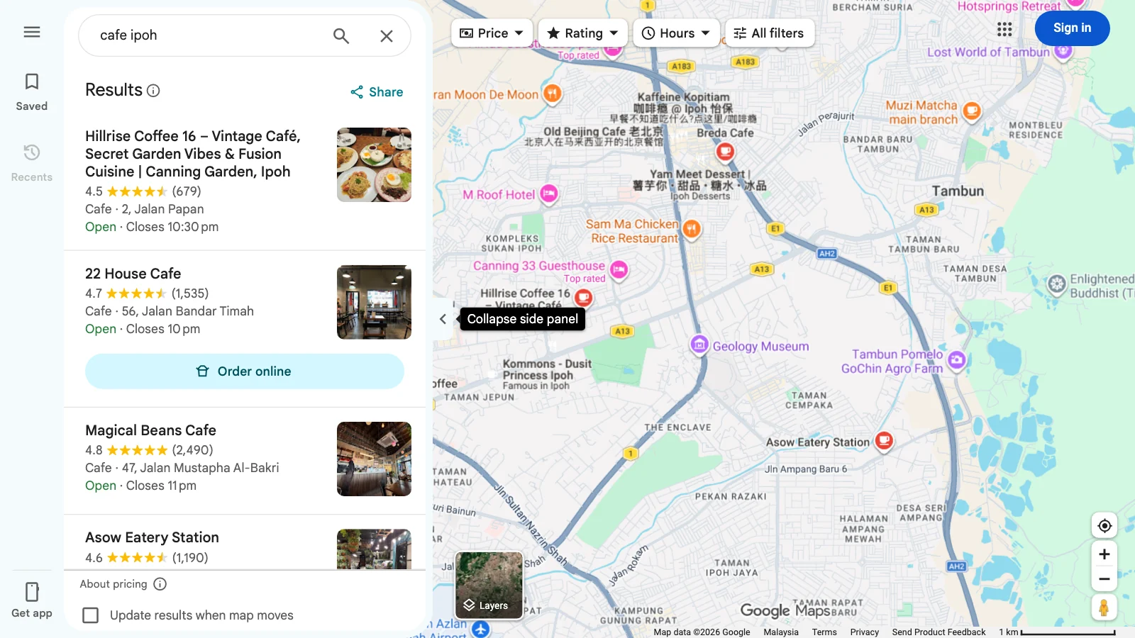 Screenshot of Google Maps results for cafes in Ipoh, each listing showing the business name, its rating, its street and its opening hours