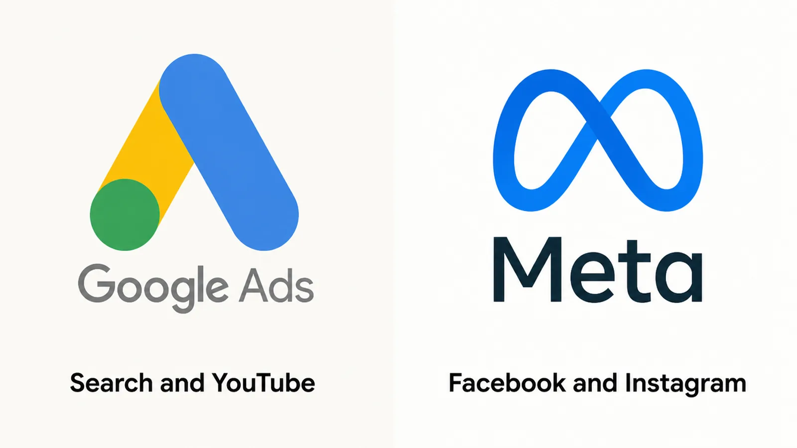 Close-up of two large labelled panels side by side, one carrying the Google Ads logo and one the Meta logo, each with a short caption underneath