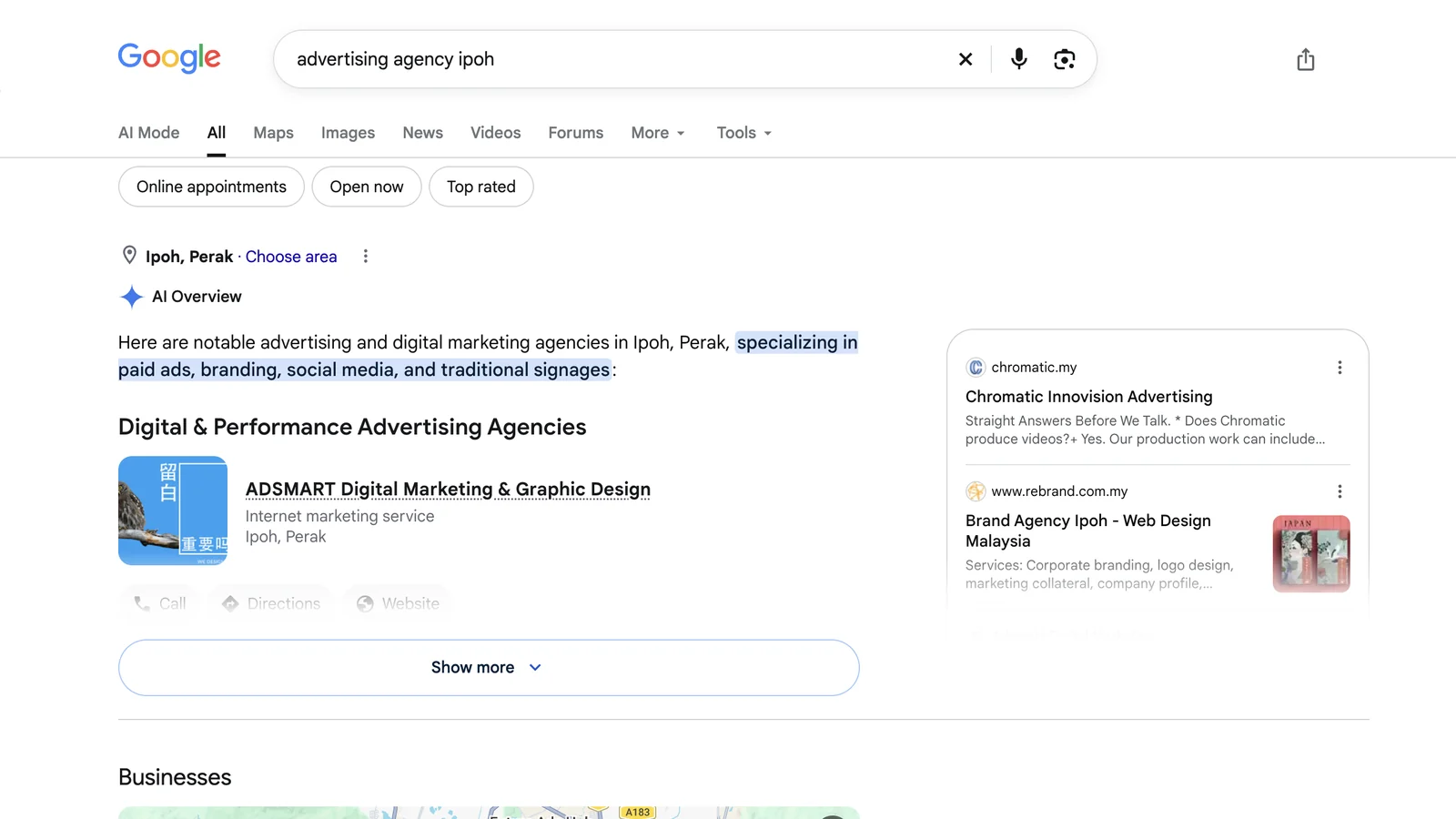 Screenshot of a Google search for advertising agency Ipoh, where the AI Overview describes agencies covering paid ads, branding, social media and traditional signages