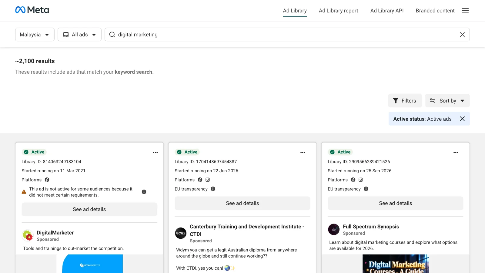Screenshot of a real Meta Ad Library keyword search filtered to Malaysia, showing result cards each marked Active with a library ID and a start date