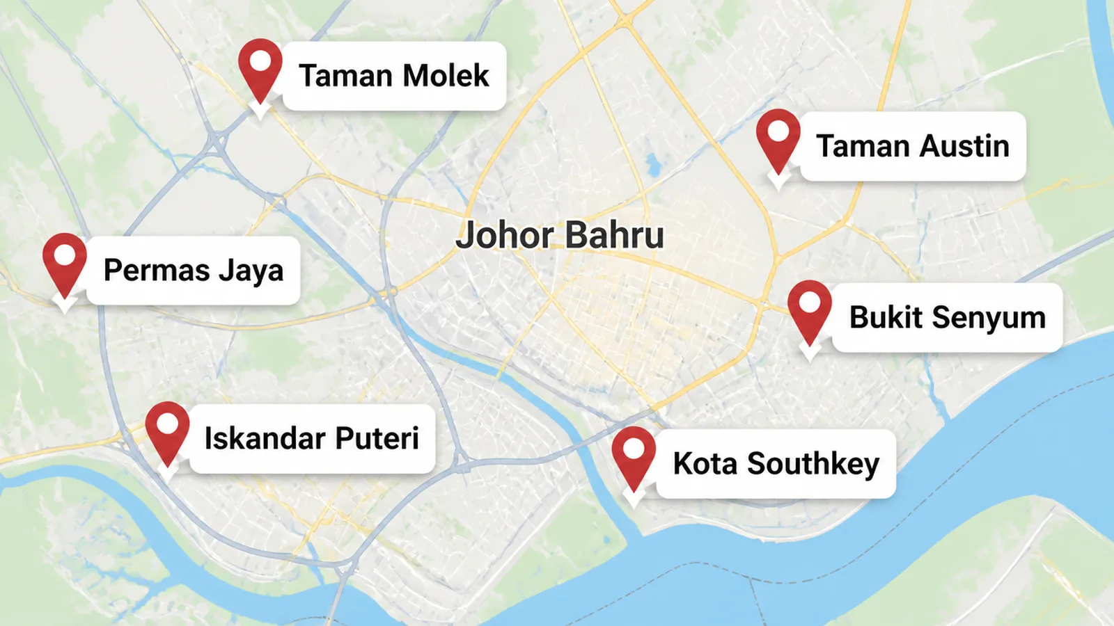 A map of the Johor Bahru area with labelled pins on Taman Molek, Taman Austin, Permas Jaya, Bukit Senyum, Iskandar Puteri and Kota Southkey