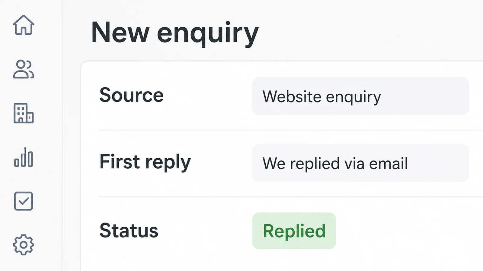 A lead record screen headed New enquiry with labelled rows reading Source, First reply and Status, the status showing a green pill reading Replied