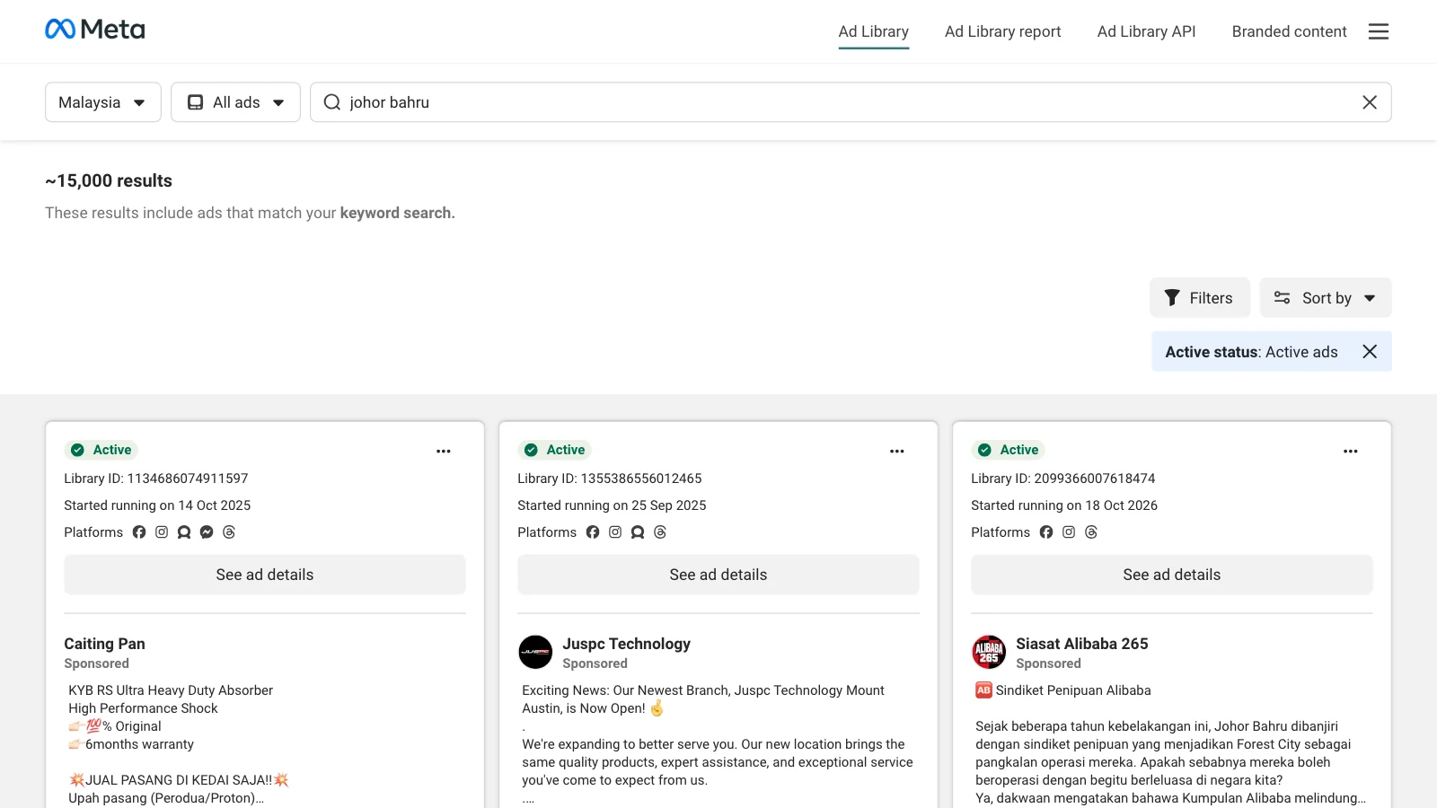Screenshot of a real Meta Ad Library search filtered to Malaysia, showing active adverts each with a library identifier and a start date