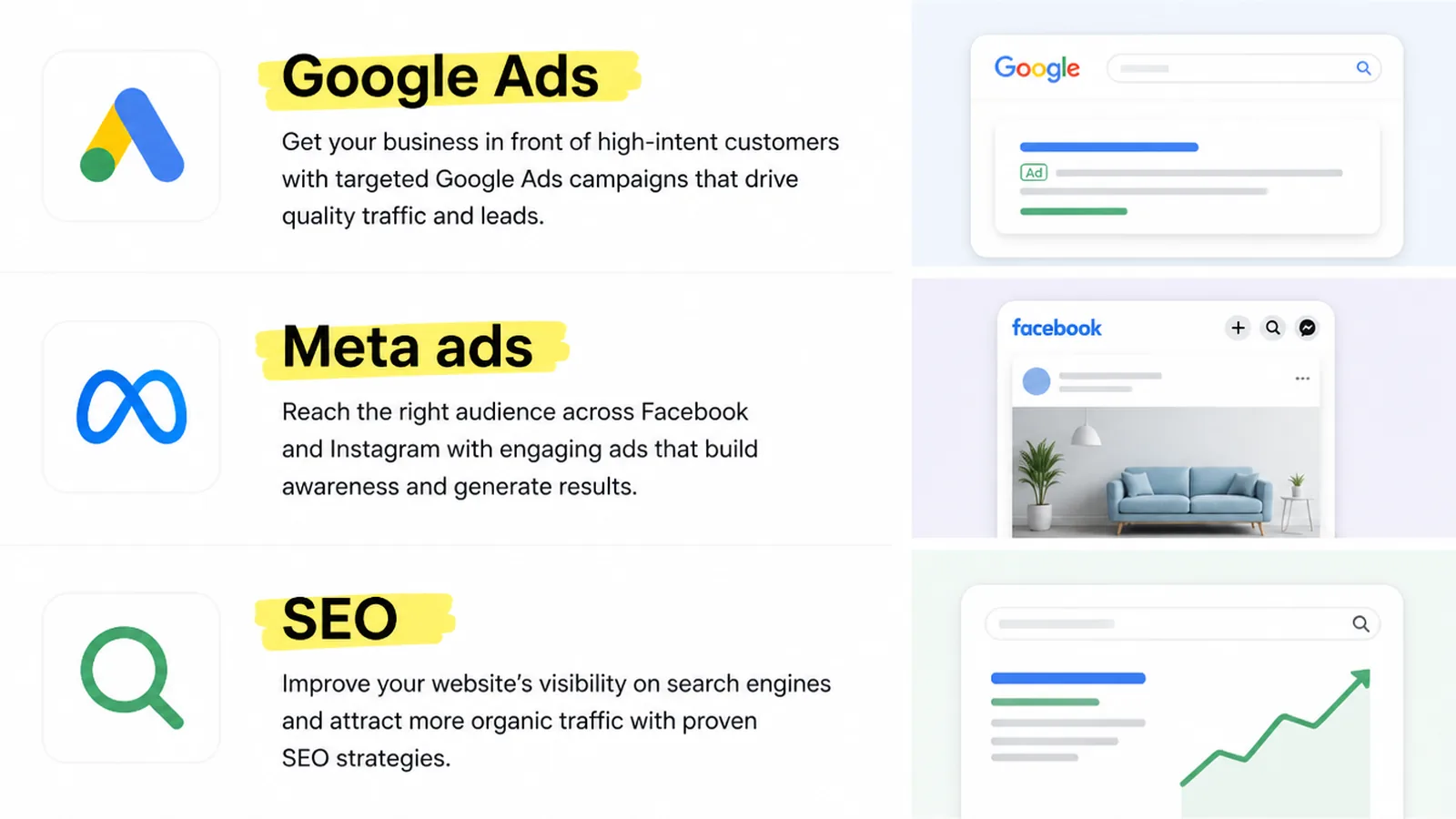 Close-up of three service entries on an agency site, each name highlighted in yellow marker, reading Google Ads, Meta ads and SEO