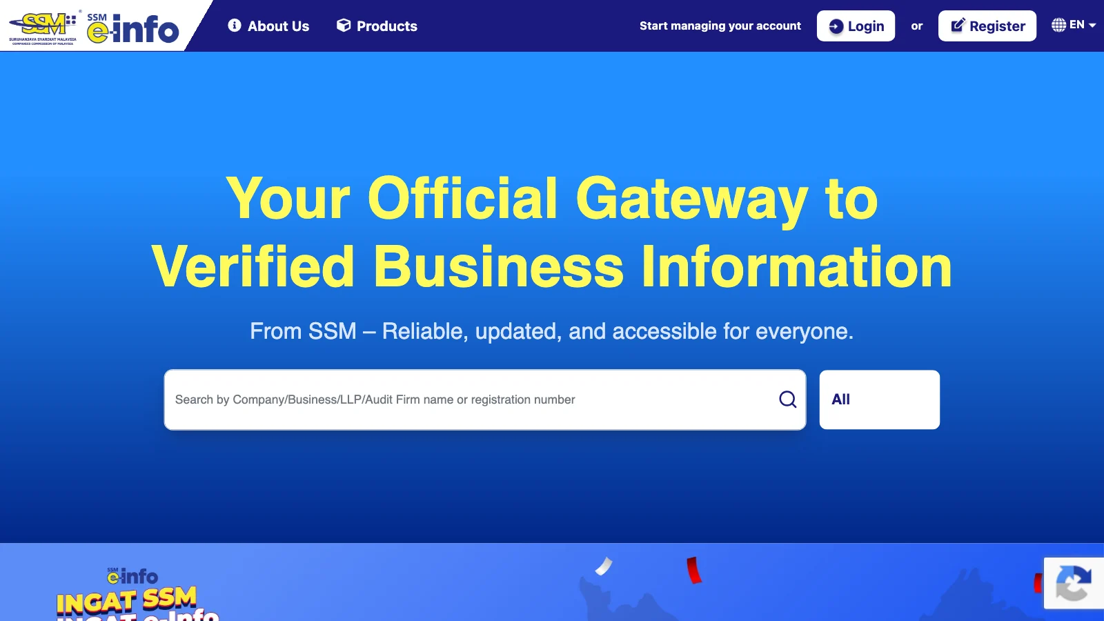 Screenshot of the SSM e Info portal headed Your Official Gateway to Verified Business Information, with a search field for a company name