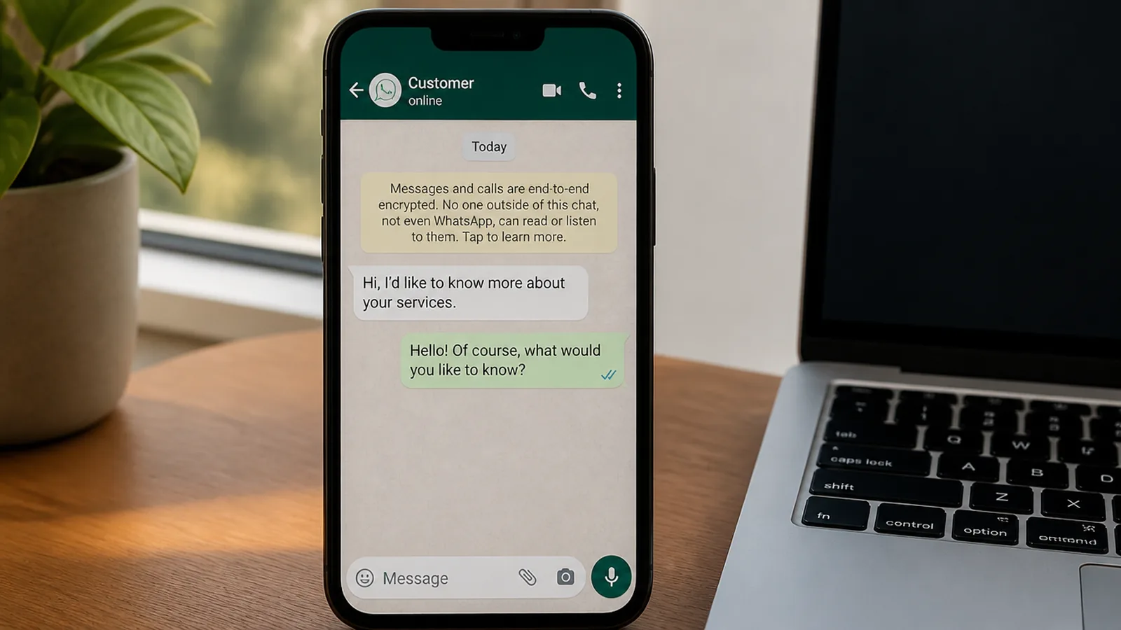 A phone showing the official WhatsApp app with a short customer enquiry thread open beside a laptop