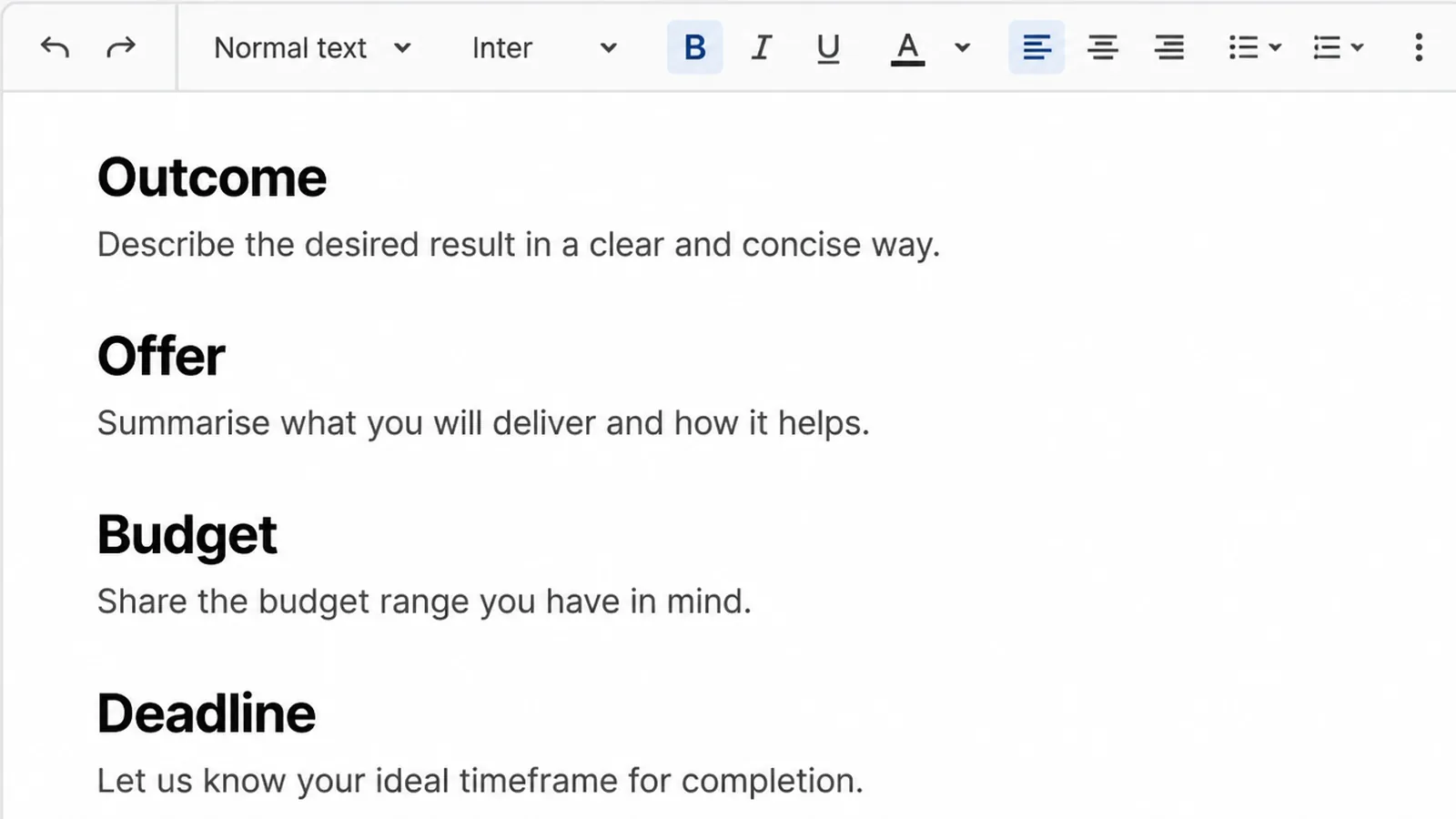 Close-up of a brief open in a document editor with headings reading Outcome, Offer, Budget and Deadline