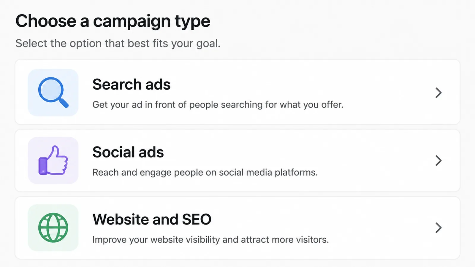 Close-up of a campaign type picker on screen with three options reading Search ads, Social ads and Website and SEO