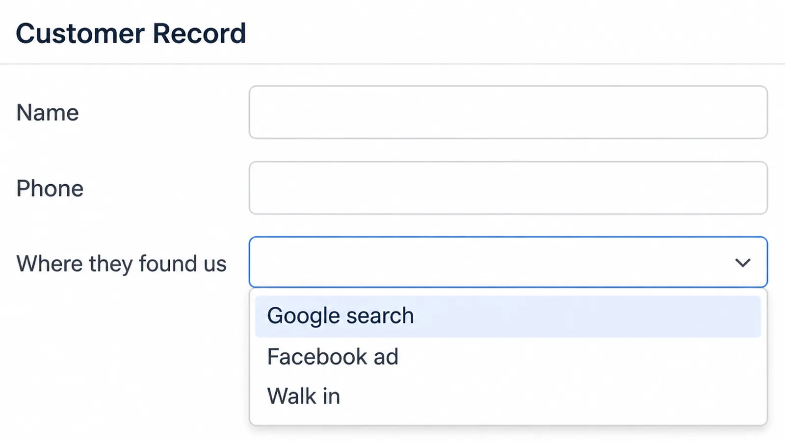 Close-up of a lead tracker customer record with an open dropdown on the field Where they found us, offering Google search, Facebook ad and Walk in