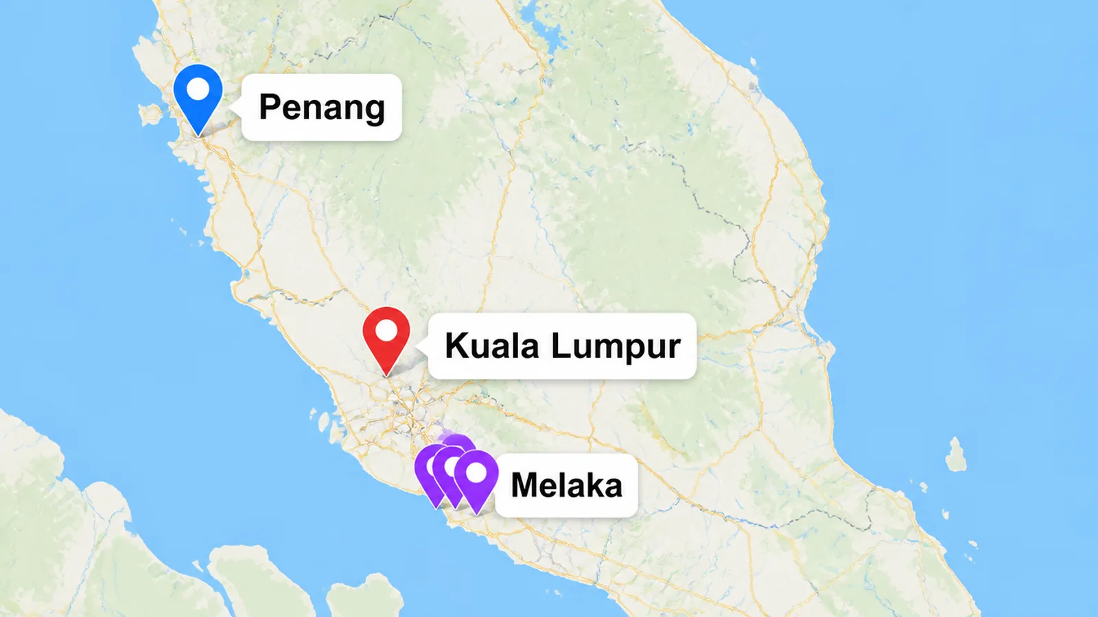 A map application showing labelled pins on Melaka, Penang and Kuala Lumpur, with a cluster of pins on Melaka