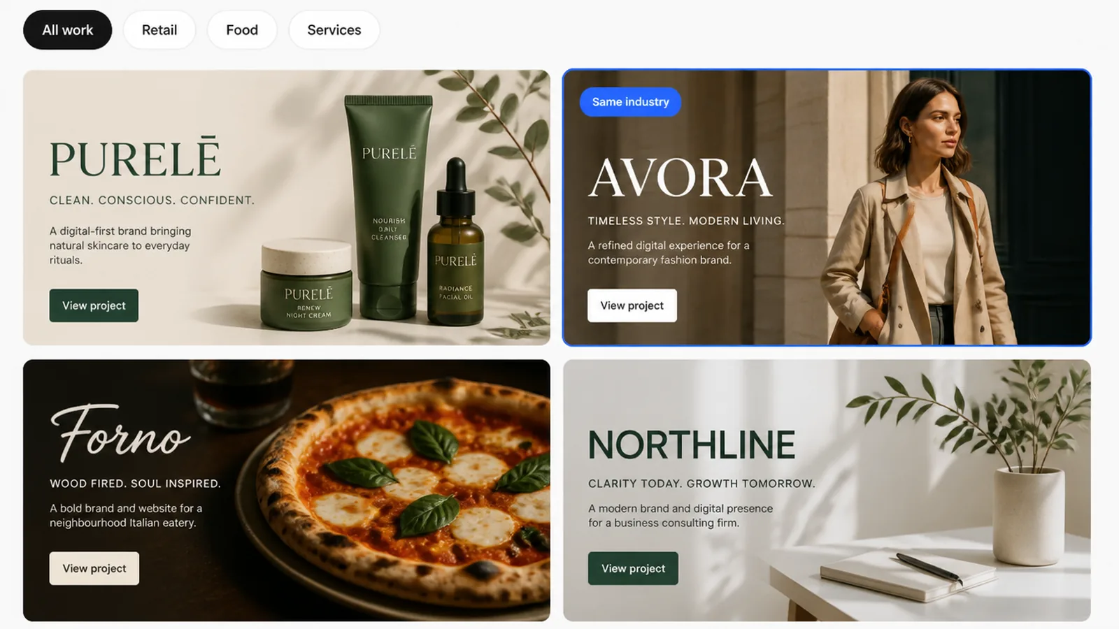 Close-up of an agency portfolio page on screen with four project thumbnails, one outlined and badged Same industry, above filter chips reading All work, Retail, Food and Services